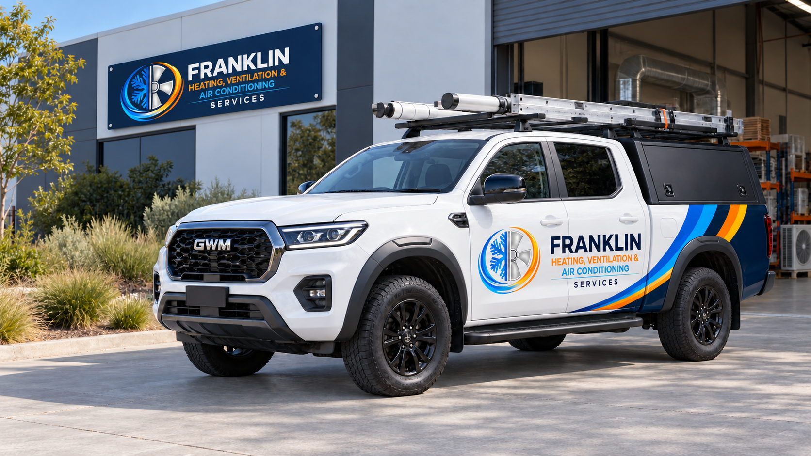 Franklin HVAC work vehicle outside the workshop